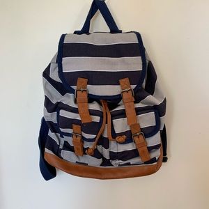 Blue and grey striped backpack